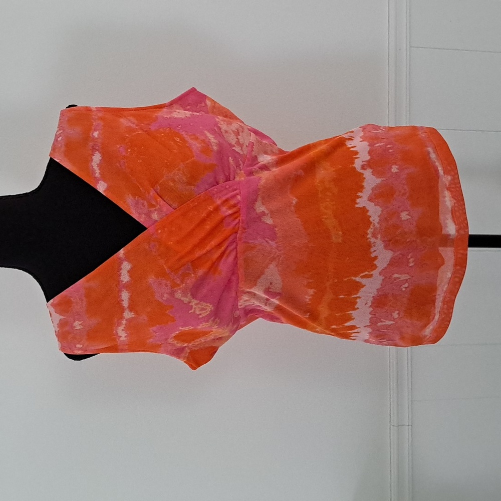CHAPS CLASSICS Sleeveless v-neck lined mesh top, orange/fuchsia/white Size L